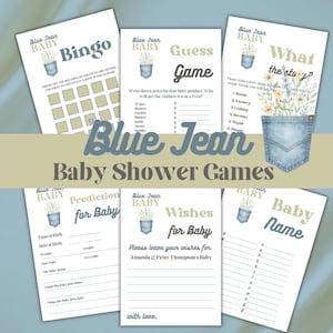 Pacote de jogos para chá de bebê com jeans de bolso, festa temática rústica floral e ocidental, modelo de jogo de bingo para chá de bebê com jeans azul, cartão digital