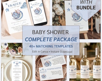 Zestaw zaproszeń na baby shower dla chłopca w bajkowym stylu, motyw przewodni imprezy, bajkowa książka z niebieskim prysznicem, mityczny smok, gra "To chłopiec"