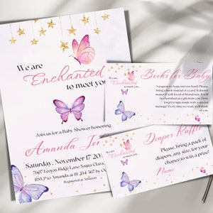 Verzaubert, Sie zu treffen Babypartyeinladung Bundle Canva Vorlagen, Mädchen-Babyparty einladen, lila Schmetterling Windel Verlosungskarte