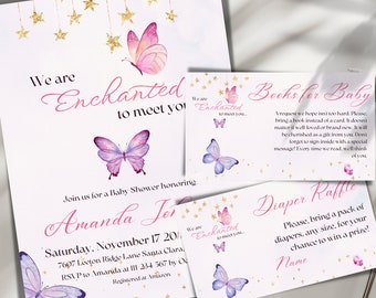 Enchanted To Meet You Baby Shower Bundle Canva Templates Girl Baby Shower Games, Purple Butterfly Diaper Raffle Card and Books for Baby Card