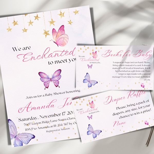 Enchanted To Meet You Baby Shower Bundle Canva Templates Girl Baby Shower Games, Purple Butterfly Diaper Raffle Card and Books for Baby Card