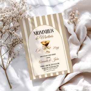 Mommies & Martinis Baby Shower Invitation Digital Coquette Beige Bow Tiny One Shower Invite Template Baby is Brewing Coffee Espresso Martini