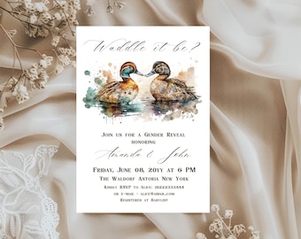 Duck Gender Reveal Invitation Waddle It Be He or She Gender Reveal Invite Template Mallard Duck Gender Reveal Party Invitation Digital Canva