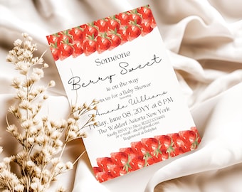 Strawberry Baby Shower Invitation Template Berry Sweet Gender Neutral Baby Shower Invite  Strawberry Invitation Digital Summer Party Theme