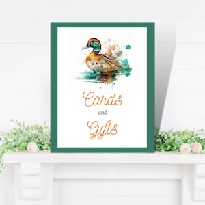Grünes gerahmtes Stockenten-Enten-Babyparty-Zeichen-Karten und Geschenke Canva-Vorlage Entenjagd-Babyparty-Dekor Eine glückliche Enten-Party-Thema-Idee