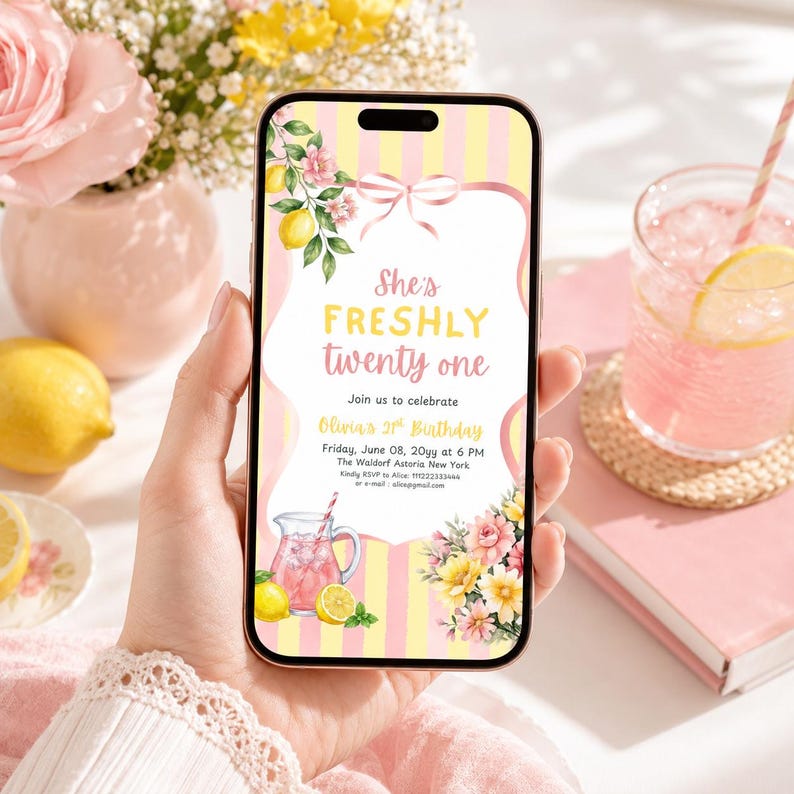 May include: A smartphone displaying a digital birthday invitation with a yellow and white striped background, pink ribbon, lemon and floral illustrations, and the text: She's FRESHLY twenty one, Join us to celebrate, Olivia's 21st Birthday.
