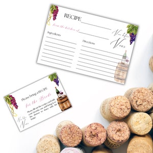 May include: Two white recipe cards with grape and barrel illustrations. One card reads "Recipe" with space for ingredients and directions. The other says "Please bring a recipe for the Bride." Corks are scattered around the cards.