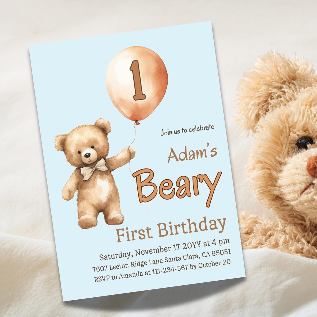 Beary First Birthday Invitation Boy Blue Bear With Balloon 1st Bday ...