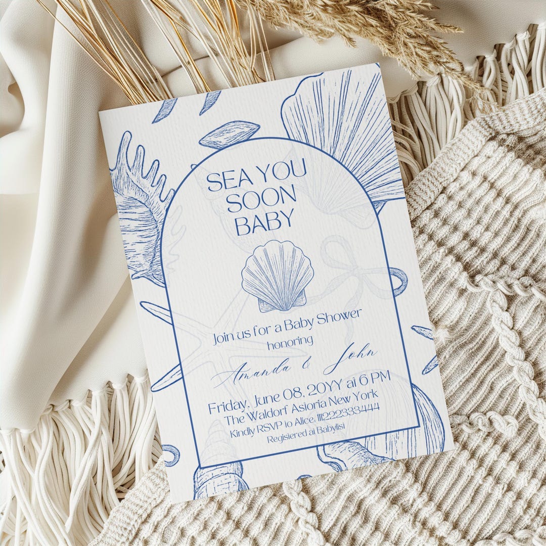 Coastal Baby Shower Invitation Blue Boy Pearl Theme Sea You Soon Baby ...