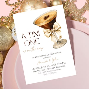Espresso Martini Baby Shower Invitation Digital Tiny One Coquette Beige Bow Baby Shower Invite Template A Baby is Brewing Coffee Theme Party