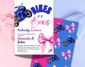 Sport Bikes oder Bögen Gender Reveal Einladung Digitale Vorlage Er oder Sie Burnout Gender Reveal Einladen Blau oder Pink Bow Gender Reveal Party