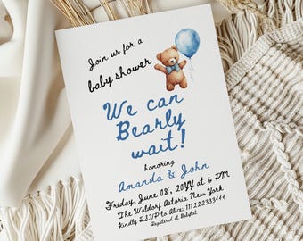 Blauwe teddybeer babyshoweruitnodiging jongen handgeschreven uitnodiging digitale bewerkbare canvassjabloon