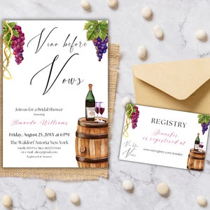 Brautdusche einladen, Weingut Hochzeit Dusche Einladung Canva Vorlage Druckbare Rotweinverkostung und Greenery Register Karte