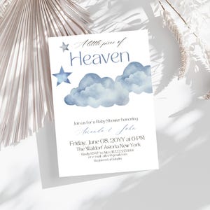 Piece of Heaven Baby Shower Invitation Digital Dreamy Blue Cloud Nine Baby Shower Invite Template Sky Theme Heaven Sent Party It's a Boy