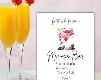Petals and Prosecco Bridal Shower Mimosa bar Sign for Brunch and Bubbly Champagne Party, Floral Bridal Brunch Pink Sign, Digital Download