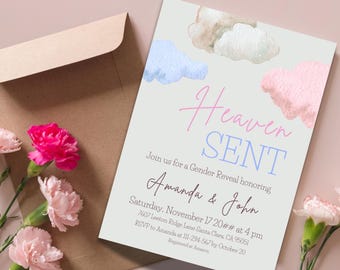 May include: A gender reveal party invitation with a watercolor design of clouds in pink and blue. The text reads "Heaven Sent" and includes the names "Amanda & John" and the date "Saturday, November 17 20## at 4 pm".