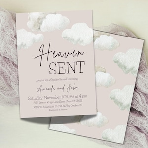 May include: Two gender reveal invitations with a light pink background and watercolor cloud illustrations. The text reads "Heaven SENT" with event details, including the names Amanda and John, date, time, and location.