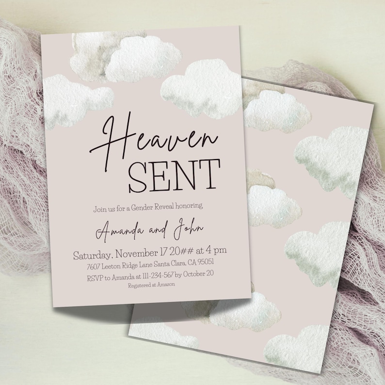 May include: Two gender reveal invitations with a light pink background and watercolor cloud illustrations. The text reads "Heaven SENT" with event details, including the names Amanda and John, date, time, and location.