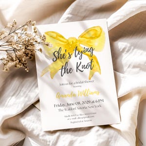 She&#39;s Tying the Knot Bridal Shower Invitation Template | Editable Ribbon Yellow Bow Bridal Shower Invite Coquette Theme Party