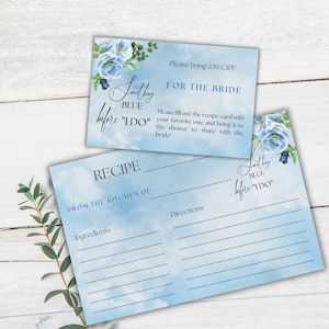 Cartão de receita para chá de panela Something Blue, modelo de ingresso para chá de panela Dusty Blue, tema de brunch de noiva floral em aquarela