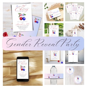 Lot de faire-part révélation sexe cerise, fête de lui ou elle cerise sur le dessus rose et bleu, ensemble d'invitation coquette baies noeuds pour révélation printemps-été