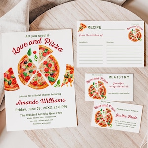 Uitnodigingsbundel pizza vrijgezellenfeest, Italiaanse liefde en pizza thema uitnodigingssjabloon set afdrukbaar registratiebewijs, digitale receptenkaart