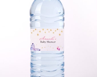 Modèle de toile d'étiquette de bouteille d'eau pour baby shower, Enchanté de vous rencontrer, décoration de baby shower fille, décoration de fête papillon violet numérique