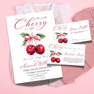 Kirsche auf der Oberseite Rosa Schleife-Babyparty-Einladungs-Vorlage, bedruckbar Es ist ein Mädchen einladen, Windel-Verlosung Insert Ticket, Buch für Baby-Karte