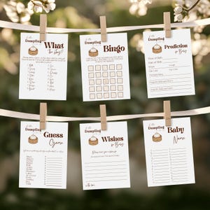 Paquete de juegos para baby shower con pequeños dumplings, lindo juego de bingo para baby shower de género neutro, tarjeta de actividad con deseos para fiestas asiáticas con temática kawaii digital