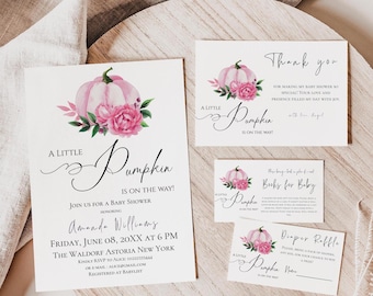 May include: A set of baby shower invitations and cards with a pink pumpkin and floral design. The invitation includes the text "A Little Pumpkin is on the Way!" and event details. Other cards say "Thank You", "Books for Baby", and "Diaper Raffle".