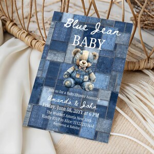Blue Jean Baby Shower Invitation Boy Western Template Denim Patchwork Bear Invite Digital