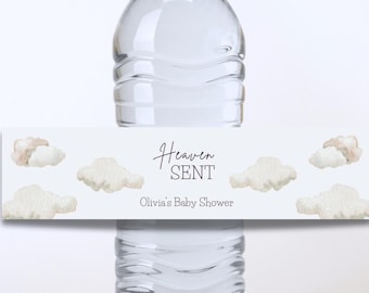 Heaven Sent Baby Shower Waterfles Label Digitale Sjabloon, Cloud Nine Sky themafeest, Piece of Heaven Blue Boy decoratie babyshower