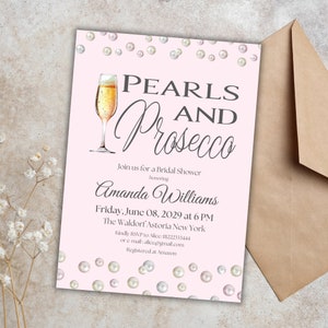 Pearls and Prosecco Bridal Shower Invitation Pink Editable Template Brunch and Bubbly Pearl Bridal Shower Invitation Invite Digital Canva