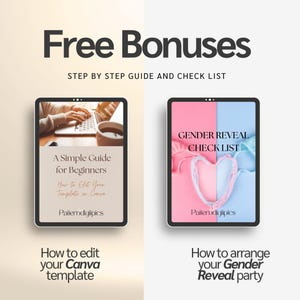 May include: Image promoting free bonuses, including a step-by-step guide and checklist. Two tablets display content: one with a guide on editing Canva templates, the other with a gender reveal checklist. Text includes "Free Bonuses" and "How to arrange your Gender Reveal party."