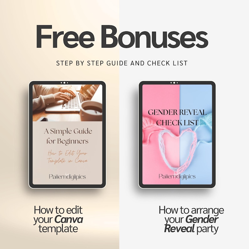 May include: Image promoting free bonuses, including a step-by-step guide and checklist. Two tablets display content: one with a guide on editing Canva templates, the other with a gender reveal checklist. Text includes "Free Bonuses" and "How to arrange your Gender Reveal party."