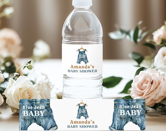 Blue Jean Baby Shower Water Bottle Label Boy Western Themed Party Template Clothesline Baby Shower Digital Baby Clothes Denim Party Decor
