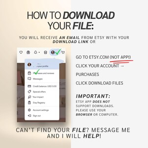 May include: A digital graphic with instructions on how to download a file from Etsy. The text includes "How to Download Your File," and "Go to Etsy.com (not app!)". A screenshot of an Etsy account is also shown.