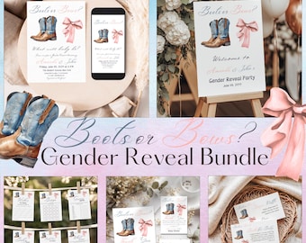 Boots or Bows Gender Reveal Invitation Bundle, He or She Gender Reveal Invite Set, Blue or Pink Western Gender Reveal Template Party Theme