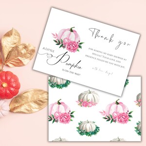 Kleine pompoen bedankkaart Bewerkbare roze meisje bloemen babyshower invoegen ticket afdrukbare bijlage kaart digitale download Canva-sjabloon