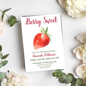 Berry zoete babyshower uitnodiging afdrukbare aardbei babyshower uitnodiging bewerkbare afdrukbare babyshower uitnodiging digitale canva sjabloon