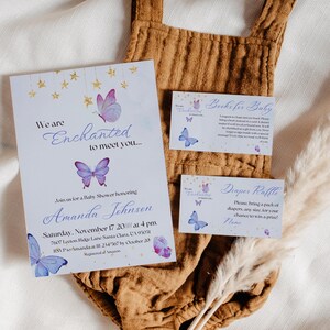 Invito per baby shower "Enchanted To Meet Boy" - Modello Canva - Gioco per baby shower - Invito per baby shower con farfalla blu - Pacchetto di biglietti per la lotteria dei pannolini