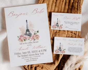 Bonjour Bebe Baby Shower Invitation Bundle, Parisian Pink Girl Invite Digital Diaper Raffle Game