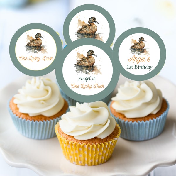 One Lucky Duck 1st Birthday Cupcake Toppers, Editable Duck Hunting Girl First Birthday Decor, Mallard Duck Theme Printable Cupcake Topper