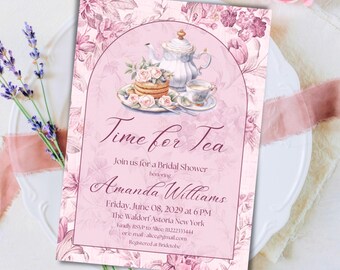Teeparty Brautparty-Einladungs-Digital-Schablone Blumen-Digital-Rosa- Chinoiserie Toile einladen