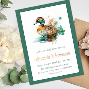 Green Framed Mallard Duck Baby Shower Invitation Canva Template, Duck Hunting Baby Shower Invite, One Lucky Duck Party Theme Idea