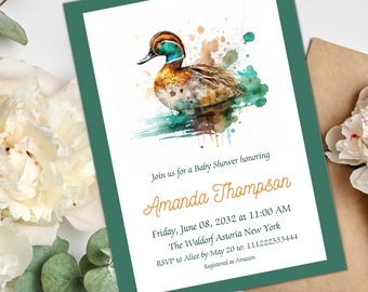 Green Framed Mallard Duck Baby Shower Invitation Canva Template, Duck Hunting Baby Shower Invite, One Lucky Duck Party Theme Idea