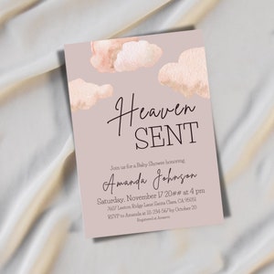 Dreamy Heaven Sent Baby Shower Invitation Digital, Gender Neutral Beige Cloud 9 Nine Baby Shower Invite Template, Sky Themed Piece of Heaven
