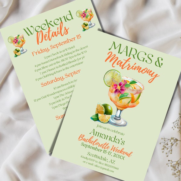 Margs and Matrimony Tequila Bachelorette Party Itinenrary Template, Bachelorette Weekend Fiesta Invitation, Lime themed Bachelorette Invite
