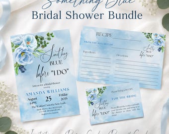 Könnte beinhalten: Ein Brautparty-Set mit hellblauem Aquarellhintergrund. Das Set enthält eine Einladung, eine Rezeptkarte und eine Wunschkarte, alle mit floralen Akzenten und dem Text "Something Blue before I Do."