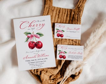 Cherry on Top Baby Shower Invitation Girl, Diaper Raffle, Book Request (Canva Template Digital)